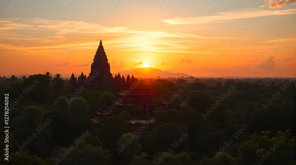 Fototapeta premium Sunset Over an Ancient Temple Surrounded by Jungle