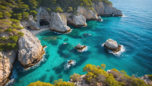 Aerial View of Scenic Rocky Coastline Surrounded by Crystal Clear Turquoise Waters and Lush Green Vegetation photo