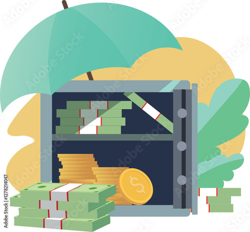 Wealth, cash dollars, gold coins, money storage. Vector illustration concept of financial security, reliable protection of money, budget, deposit