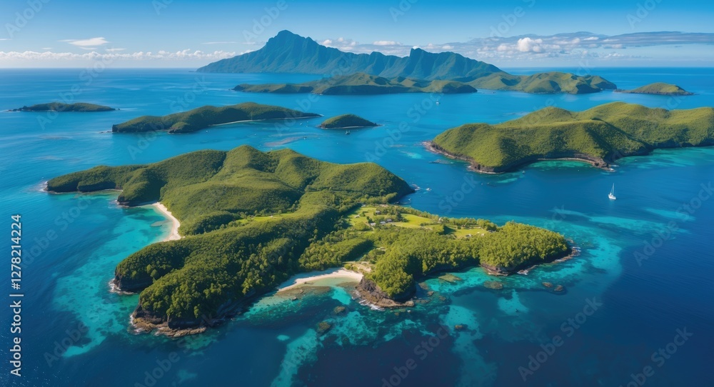 Aerial View of Lush Tropical Islands Surrounded by Clear Blue Waters and Open Space for Text Overlay Aerial View of Lush Tropical Islands Surrounded by Clear Blue Waters and Open Space for Text Overlay
