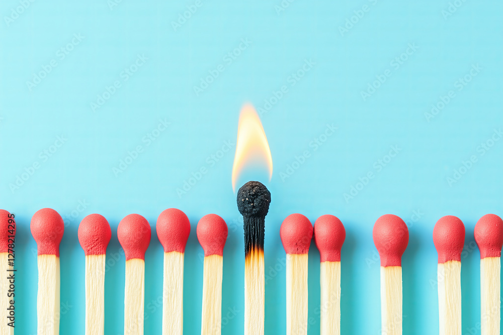 One different burning burnt match stands out of crowd among others. Burnout from work. Business and job concept on blue background. One different burning burnt match stands out of crowd among others. Burnout from work. Business and job concept on blue background.