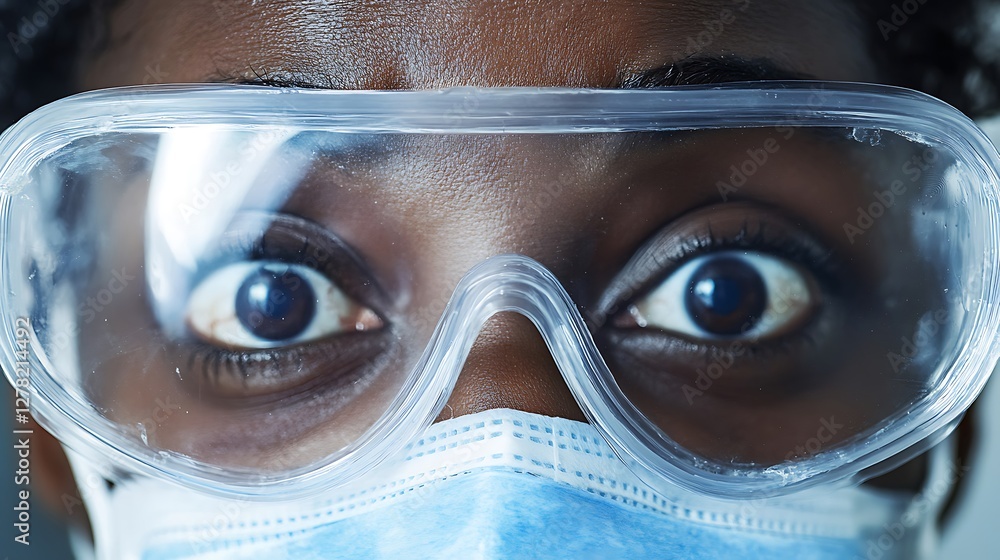 Close-up of a woman's surprised eyes behind safety goggles and a face mask. Close-up of a woman's surprised eyes behind safety goggles and a face mask.