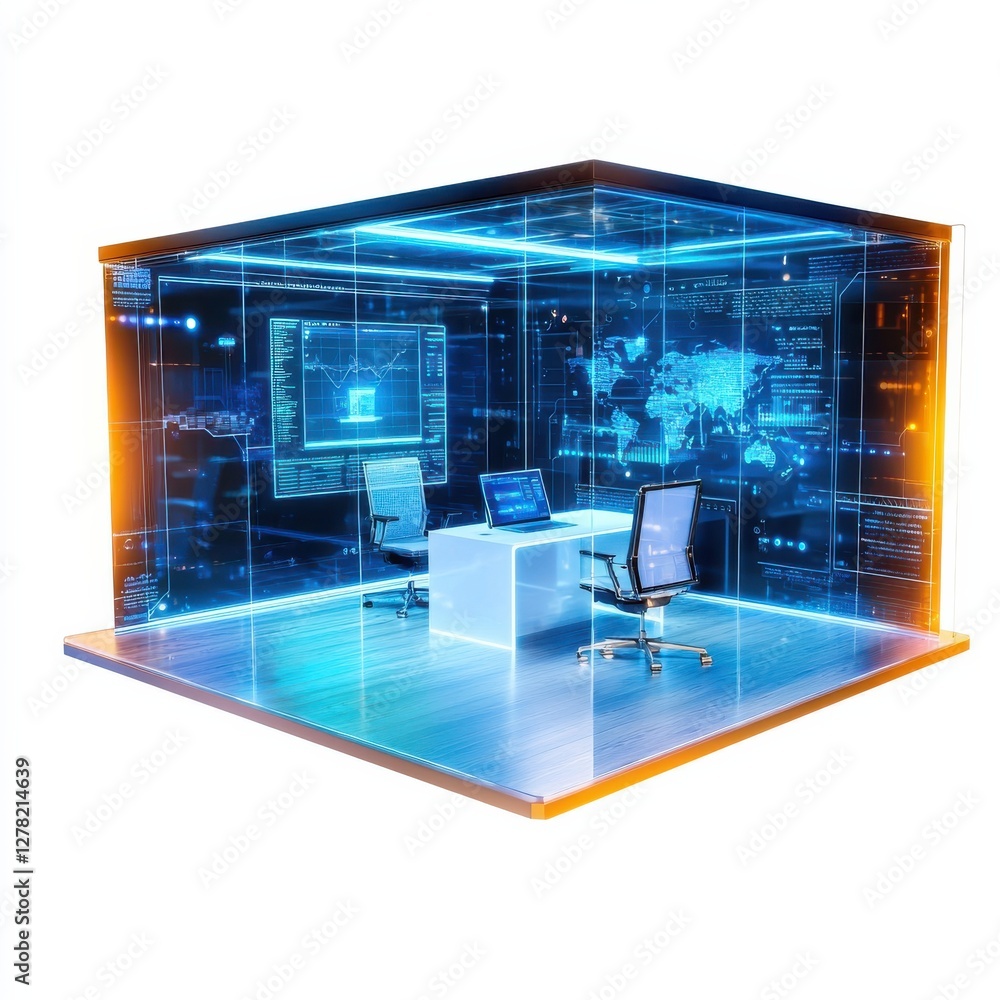 A modern, high-tech office space featuring a glass enclosure, digital screens, and sleek furniture, emphasizing innovation and technology. A modern, high-tech office space featuring a glass enclosure, digital screens, and sleek furniture, emphasizing innovation and technology.
