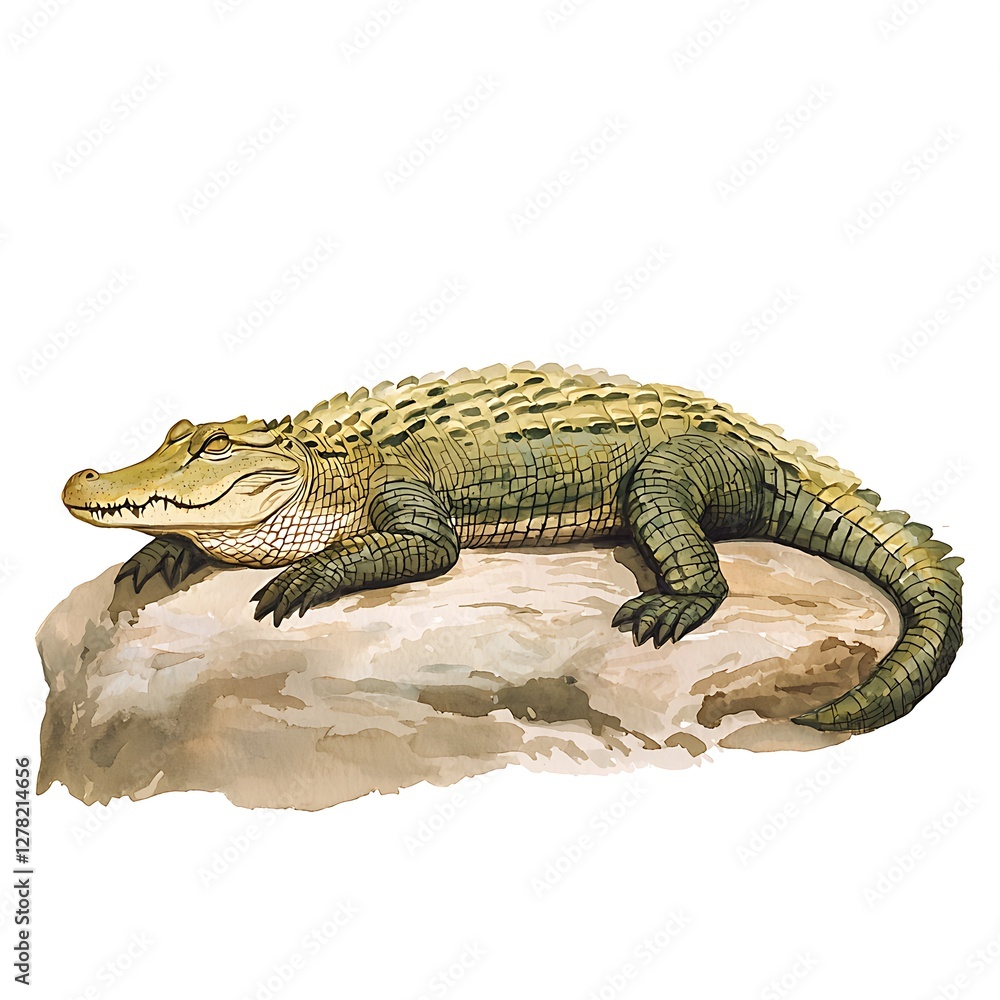 Naklejka premium American Alligator Resting on a Rock - Watercolor Illustration.