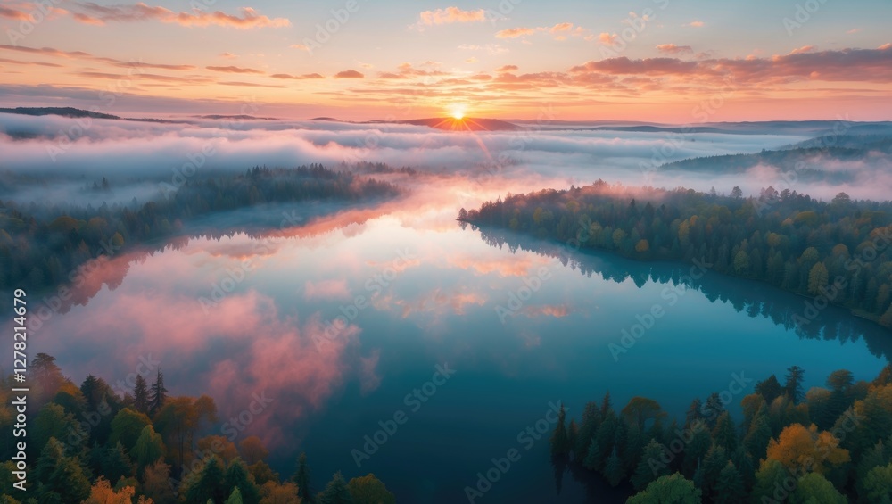 Aerial View of Serene Foggy Lake at Sunrise with Vibrant Colors and Reflection, Ideal for Eco Tourism and Environmental Awareness Themes. Aerial View of Serene Foggy Lake at Sunrise with Vibrant Colors and Reflection, Ideal for Eco Tourism and Environmental Awareness Themes.