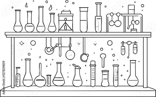 Line art of laboratory equipment on a shelf, including flasks and test tubes.
