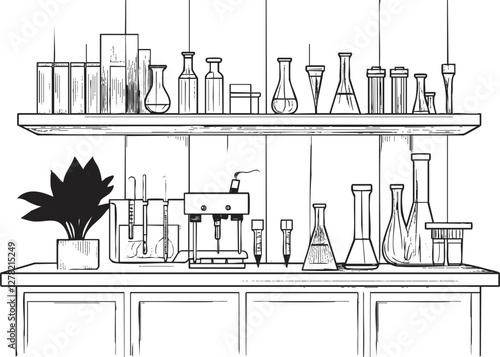 Illustration of a laboratory shelf with various scientific equipment and glassware.