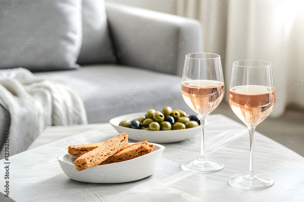 An elegant indoor setting with a light stone table featuring two glasses of rosé wine, a small dish of golden biscotti, and another with green and black olives, soft natural light. An elegant indoor setting with a light stone table featuring two glasses of rosé wine, a small dish of golden biscotti, and another with green and black olives, soft natural light.