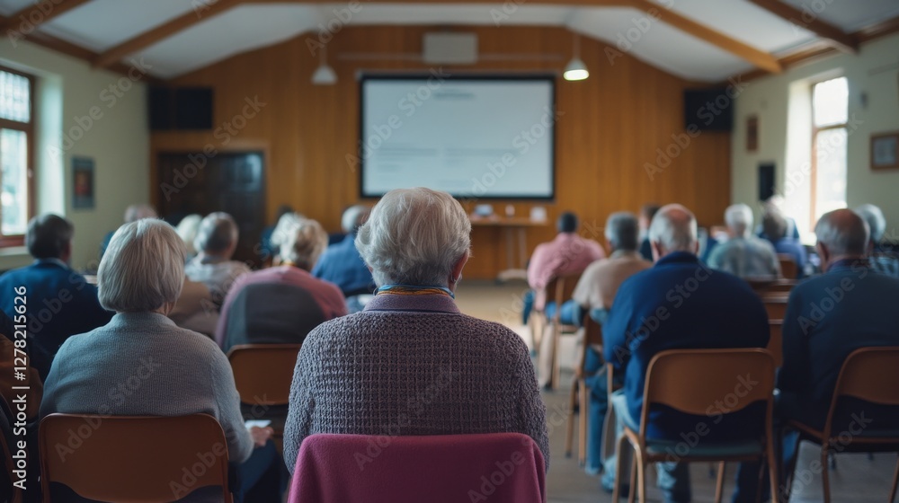 Elder abuse awareness seminar in progress in a community hall. Featuring learning and awareness Elder abuse awareness seminar in progress in a community hall. Featuring learning and awareness