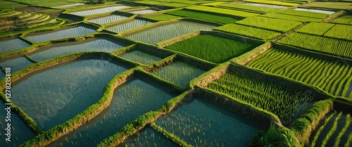 Lush Green Rice Fields Aerial Photography Showcasing Varied Patterns and Water Irrigation Techniques in a Scenic Agricultural Landscape photo