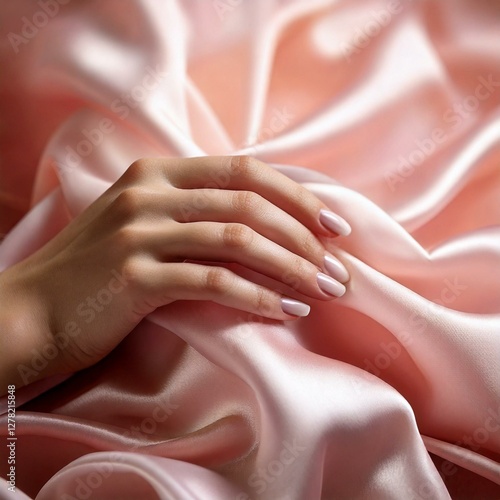 A well-manicured female hand with pastel pink nails gently resting on luxurious, smooth pink silk fabric, creating a soft and elegant aesthetic.