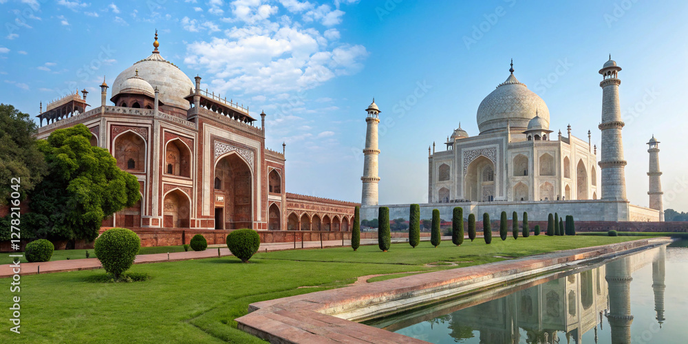 Obraz premium One of Punjab, Pakistan’s most breathtaking historical sites, showcasing Mughal artistry with pristine white domes and elegant archways