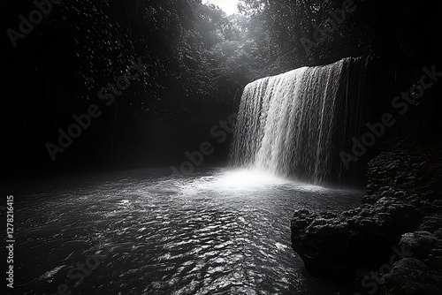 Black and white waterfall in a dark cave photo