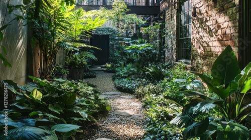 Serene Green Oasis with Lush Plants and Tranquil Pathway Design