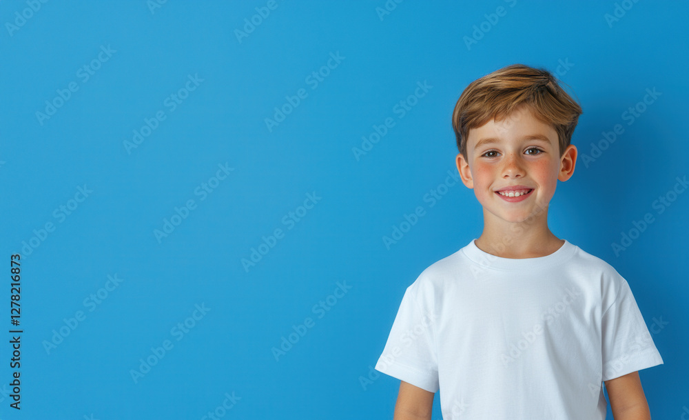 Young child beaming, wearing crisp white t shirt mockup, posing confidently against bright blue studio backdrop Young child beaming, wearing crisp white t shirt mockup, posing confidently against bright blue studio backdrop