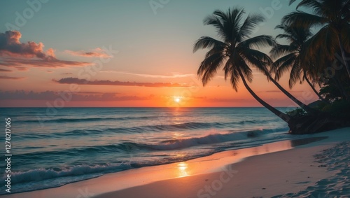 Tropical Beach Sunset with Palm Trees and Gentle Waves at Dusk