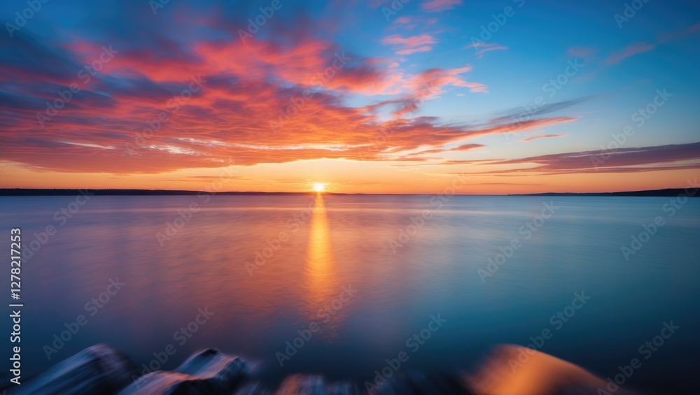 Naklejka premium Abstract Sunset Reflection on Calm Lake with Blurred Motion and Negative Space for Text Overlay