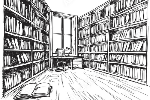 Black and white sketch of a library with bookshelves and a desk.