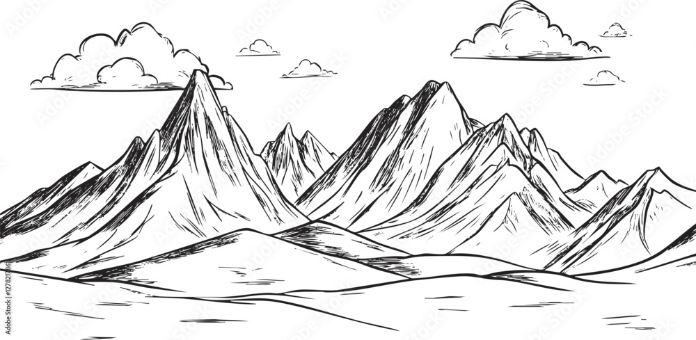 Fototapeta premium Black and white sketch of mountain landscape with clouds and hills.