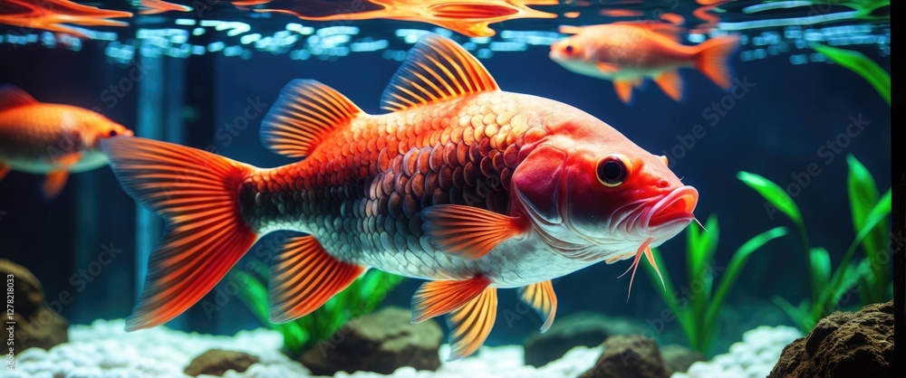 Fototapeta premium Vibrant aquarium scene featuring a large, colorful catfish swimming among smaller fish and aquatic plants in a beautiful underwater environment