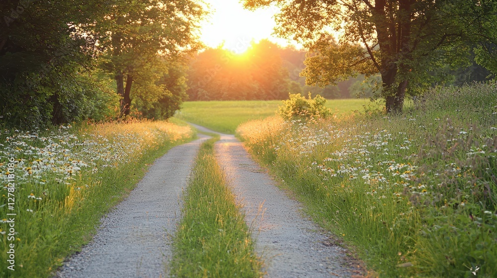 Serene Country Road Surrounded by Greenery at Sunset Serene Country Road Surrounded by Greenery at Sunset