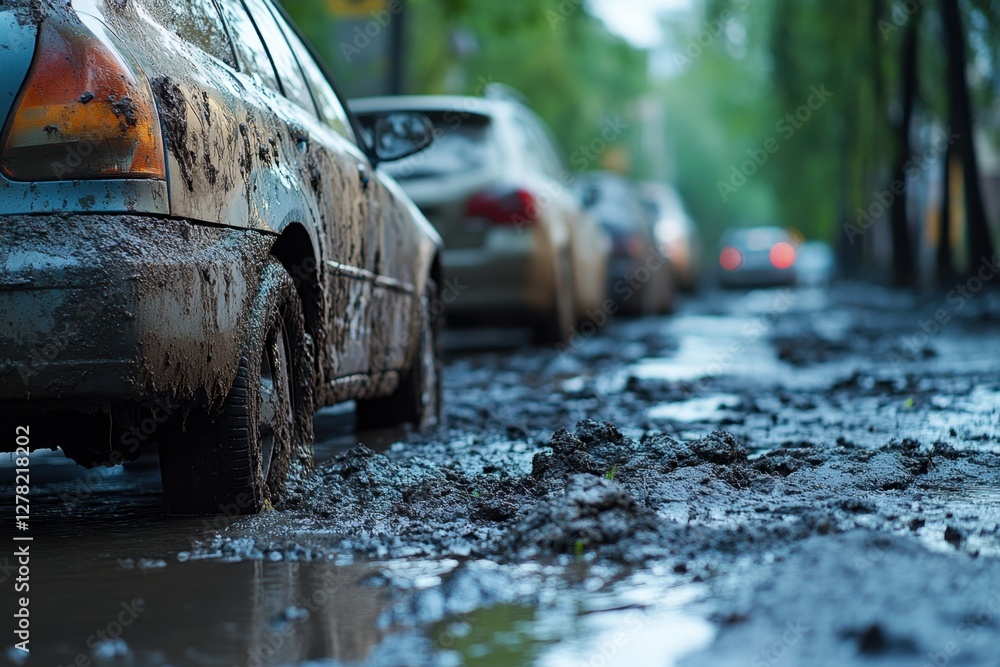Fototapeta premium Muddy Mayhem Cars Caked in Earthy Grime After a Downpour on a Roadside Scene with a Moody Tone and a Low Angle Shot