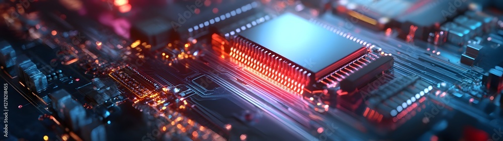 Intricate circuitry microchips and electronic components on a high tech motherboard creating a futuristic and innovative technology background