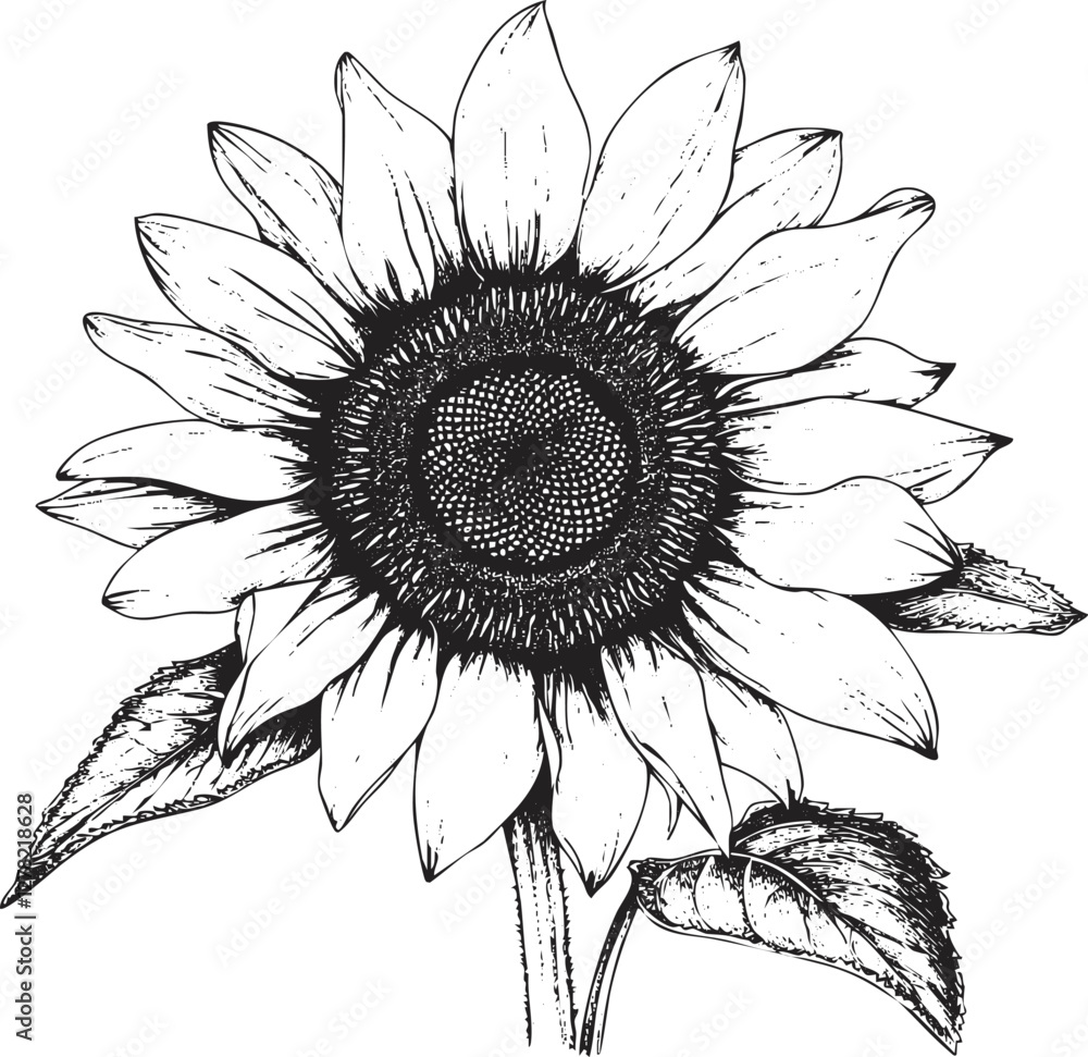 Fototapeta premium Detailed black and white sketch of a sunflower with petals and leaves.
