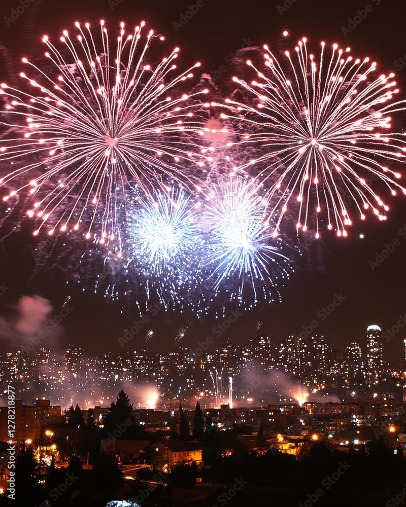 Majestic fireworks display illuminating the night sky over a vibrant cityscape creating a festive atmosphere with bursts of color and light Majestic fireworks display illuminating the night sky over a vibrant cityscape creating a festive atmosphere with bursts of color and light