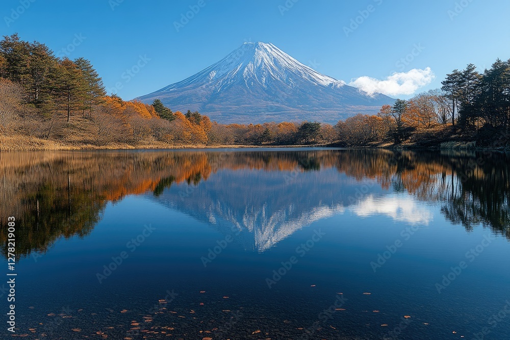 Majestic Mount Fuji reflected in a tranquil autumn lake Majestic Mount Fuji reflected in a tranquil autumn lake