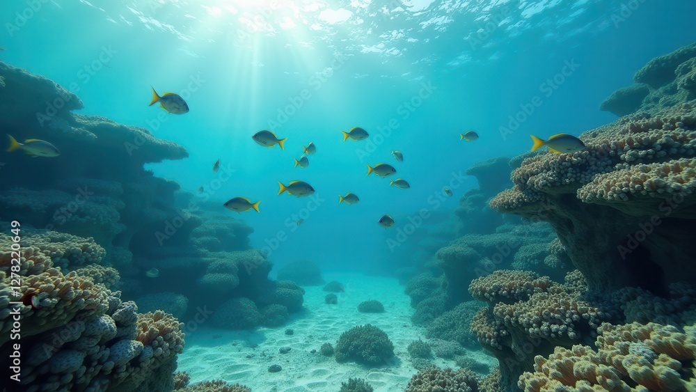 Fototapeta premium Underwater scene of coral reef with school of fish swimming above and sunlight filtering through 