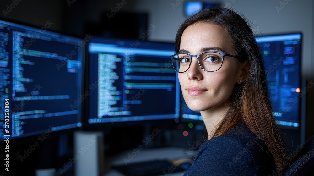 Tech innovator coding in a modern office digital workspace focused atmosphere professional insight Tech innovator coding in a modern office digital workspace focused atmosphere professional insight