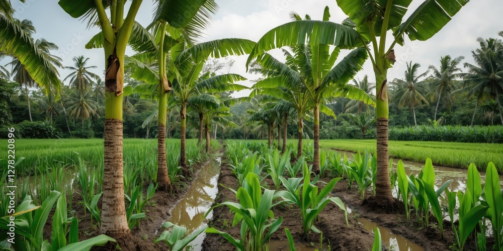 Banana Trees Adjacent to Lush Rice Fields with Open Space for Text and Natural Background