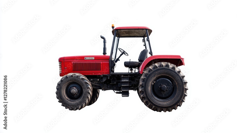 Farming action with red tractor agricultural field vehicle image outdoor setting side view farming efficiency Farming action with red tractor agricultural field vehicle image outdoor setting side view farming efficiency
