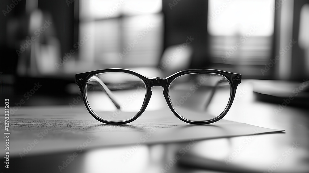 Stylish eyeglasses sit on paperwork in a professional office, captured in a monochromatic aesthetic Stylish eyeglasses sit on paperwork in a professional office, captured in a monochromatic aesthetic