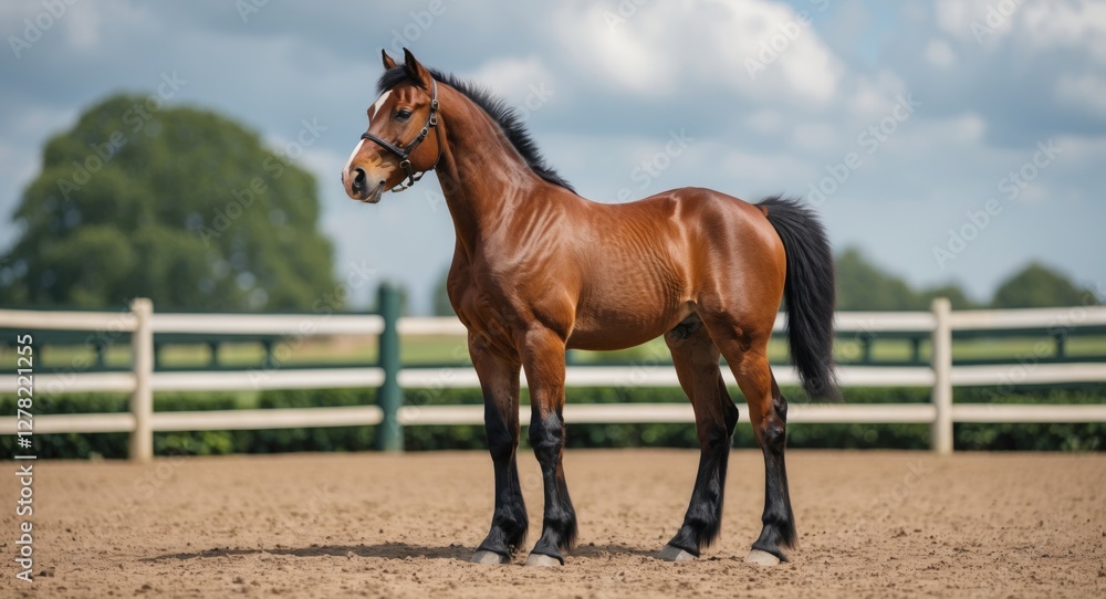 Baroque Pinto Foal Standing Proudly in Paddock with Clear Sky and Empty Space for Text in Equestrian Theme Baroque Pinto Foal Standing Proudly in Paddock with Clear Sky and Empty Space for Text in Equestrian Theme