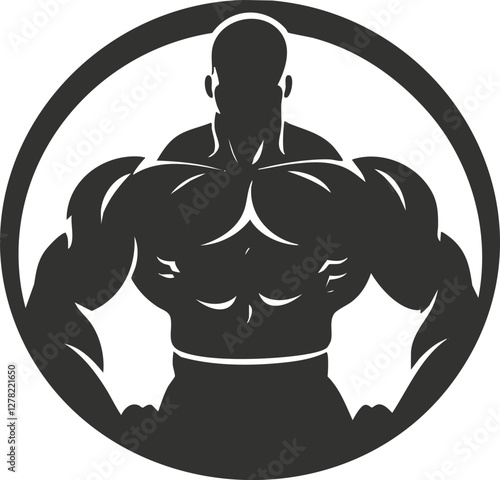 Silhouette of a muscular bodybuilder in a circular emblem design.