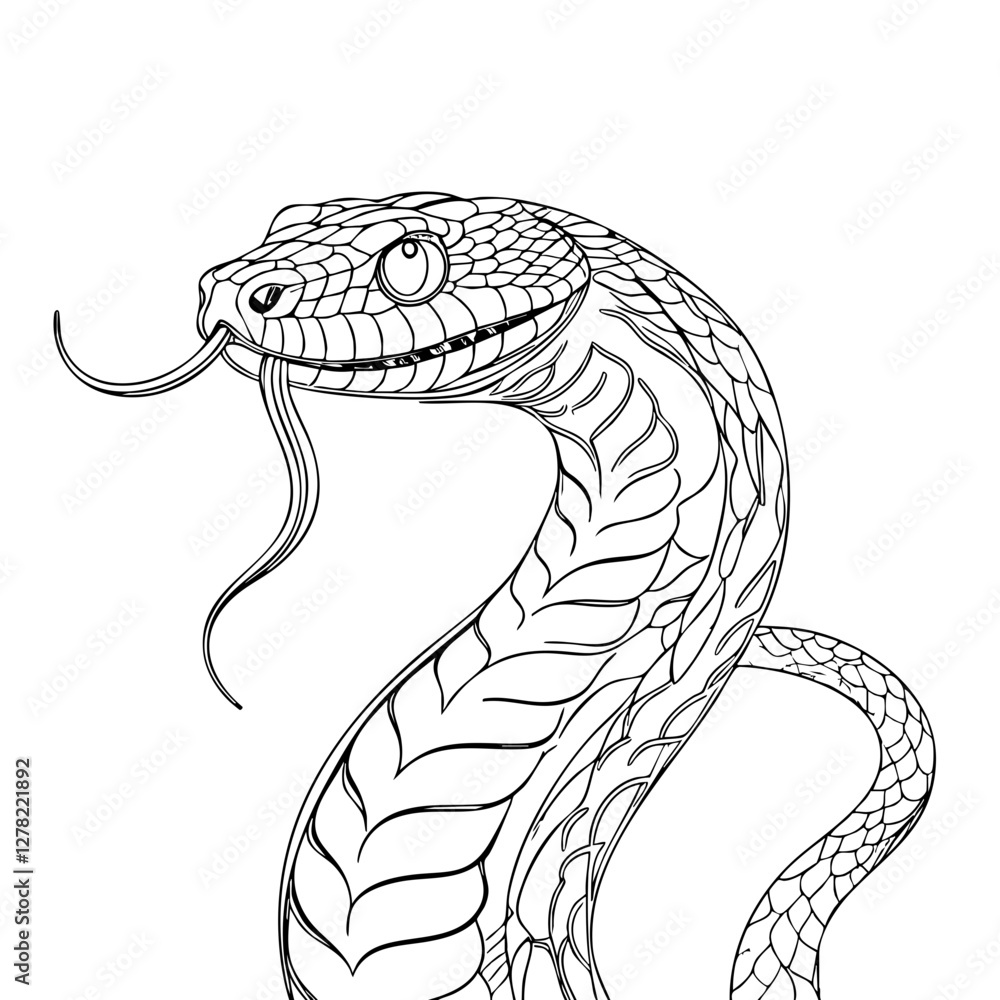 Fototapeta premium Realistic Snake Illustration – Black and White Cobra Drawing for Tattoos, Science, and Printable Wildlife Art