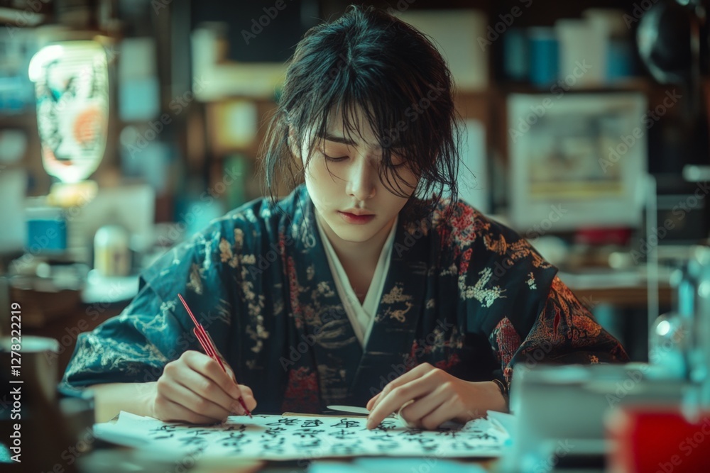 Fototapeta premium Young woman practicing calligraphy in a traditional workshop during the evening