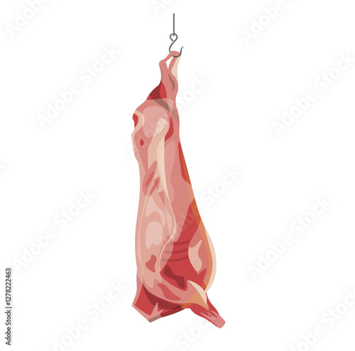 Animal carcass hang on a hook. Butcher shop. Vector illustration isolated on a white background