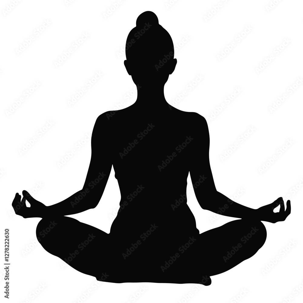 Middle-aged Asian female meditating in silhouette, zen tranquility Middle-aged Asian female meditating in silhouette, zen tranquility