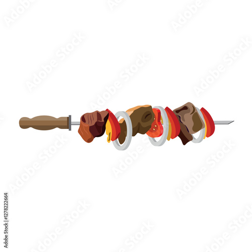 PrinGrilled skewered meat and vegetables. Shish kebab with sliced onions, pepper, and tomato. Traditional oriental dish shashlik. Vector illustration isolated on white background in cartoon stylet