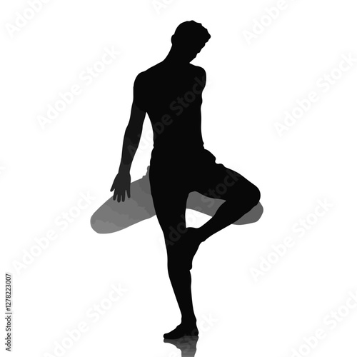 Young male in tree pose silhouette on white background, yoga and meditation