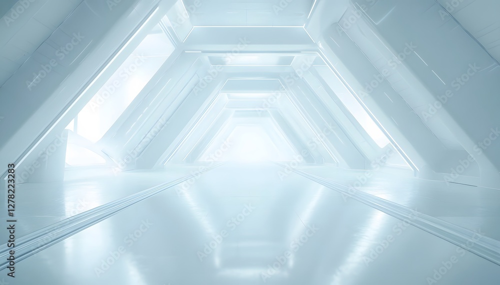 Futuristic white corridor with hexagonal frames illuminated by light Futuristic white corridor with hexagonal frames illuminated by light