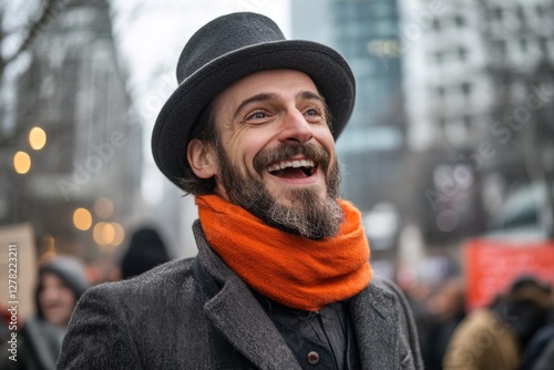 Smiling man with a beard and orange scarf enjoys a rally in the city during a chilly afternoon photo