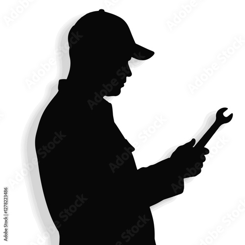 Technician holding a wrench in silhouette on white background, profession symbolism