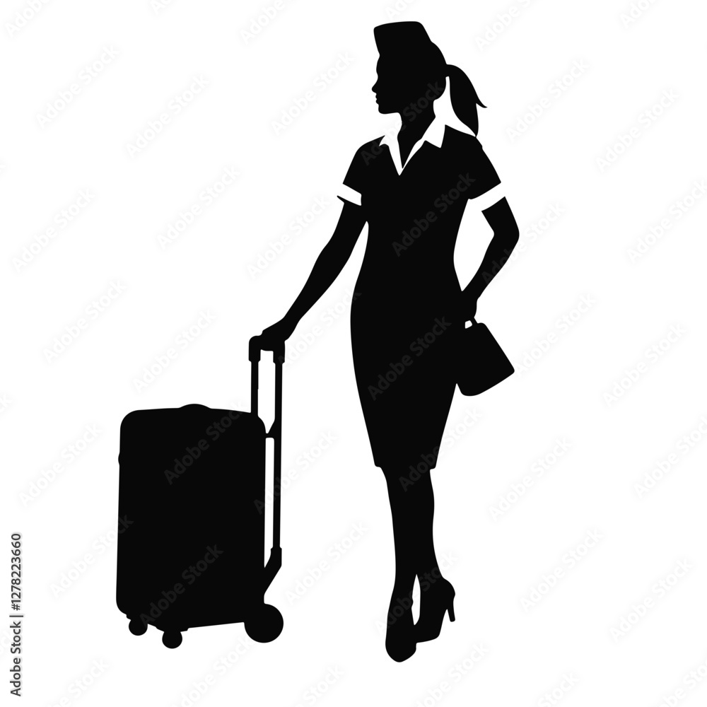 Silhouette of flight attendant with trolley, black and white design Silhouette of flight attendant with trolley, black and white design