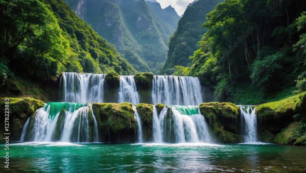 Fototapeta premium Emerald Waterfalls Surrounded by Lush Green Forest and Mountains Ideal for Backpacking Camping Hiking Relaxation in National Park Scenery