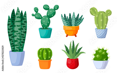 Vector illustration of seven potted succulents and cacti