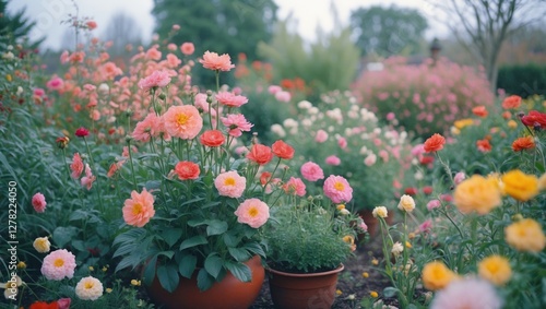 Vibrant and Colorful Flower Garden Scene with Blooming Flowers in Springtime Nature